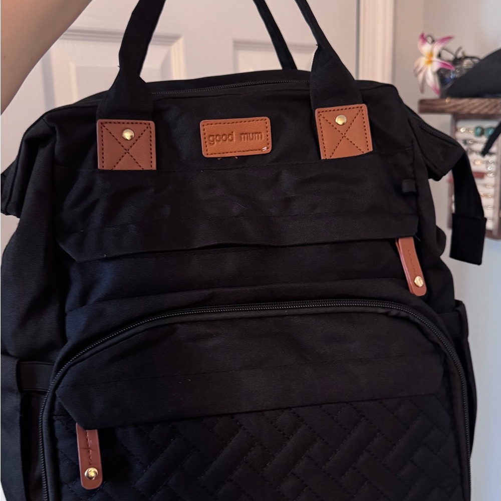 Black Canvas Travel Backpack with Brown Trim
